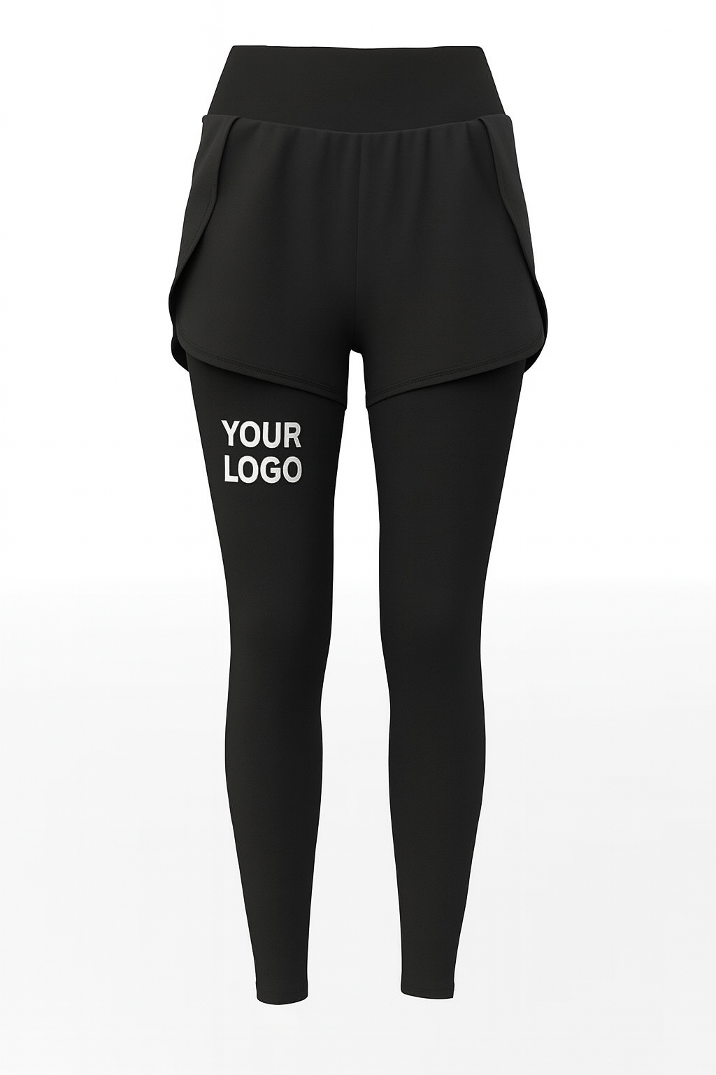 Black 2-in-1 women’s sports leggings with shorts and custom logo placeholder, front view