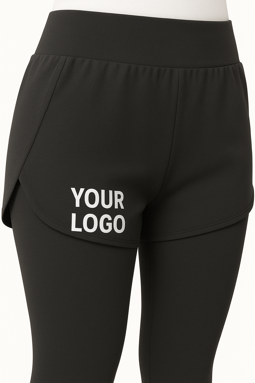 Black 2-in-1 leggings with shorts, close-up side view and custom logo placeholder