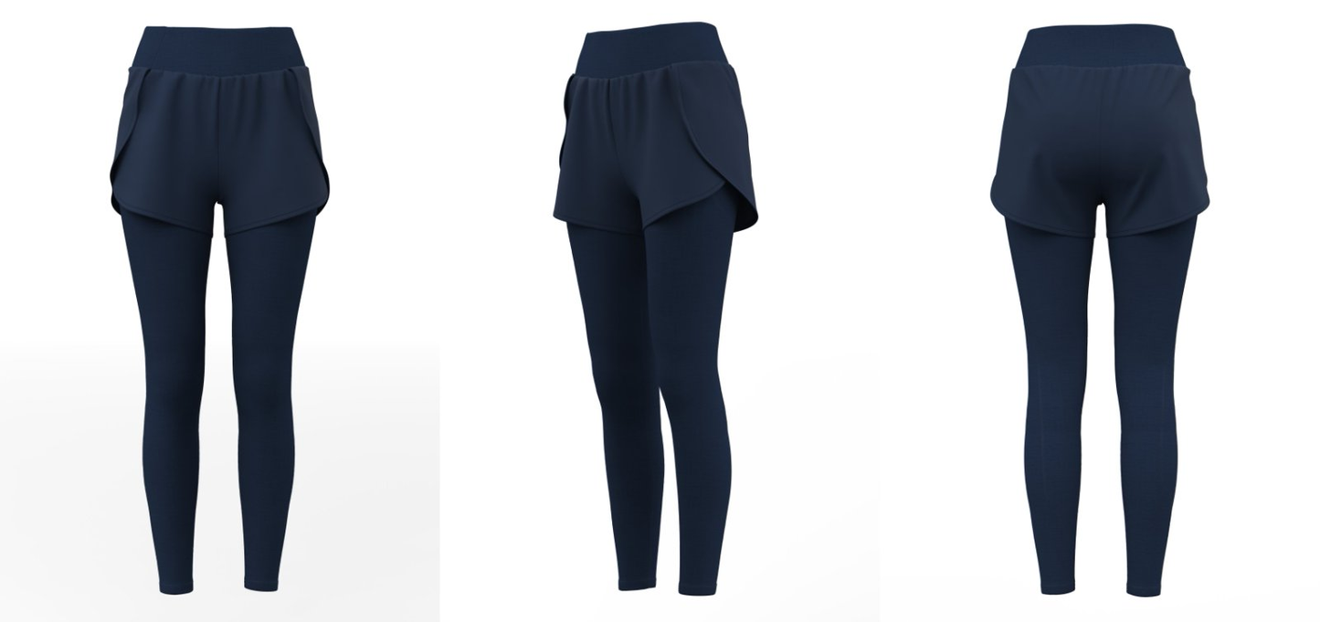 Navy blue 2-in-1 sports leggings with shorts, front side and back view
