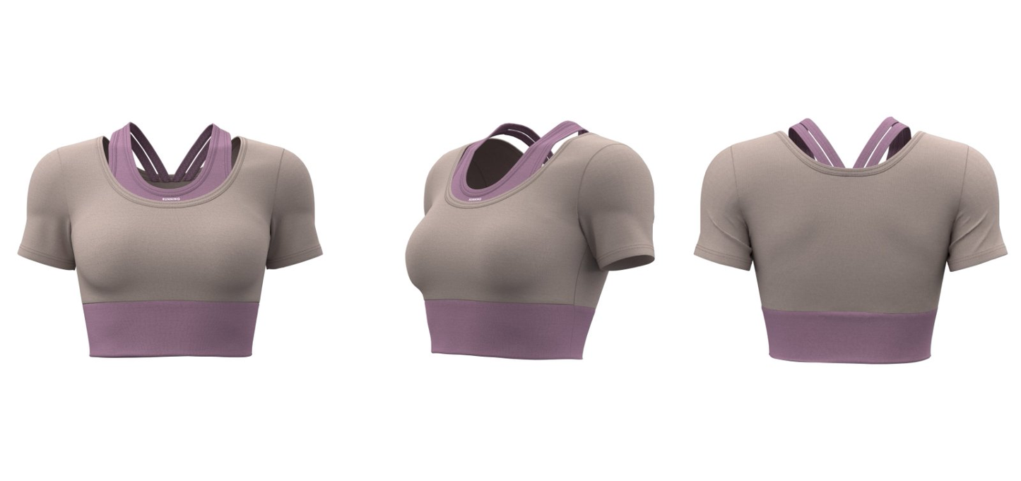 Taupe/Purple short-sleeve fitness crop top for clubs and organizations