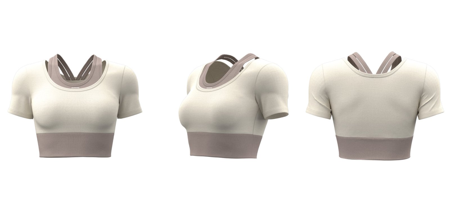 White women’s workout top with integrated bra, customizable logo print