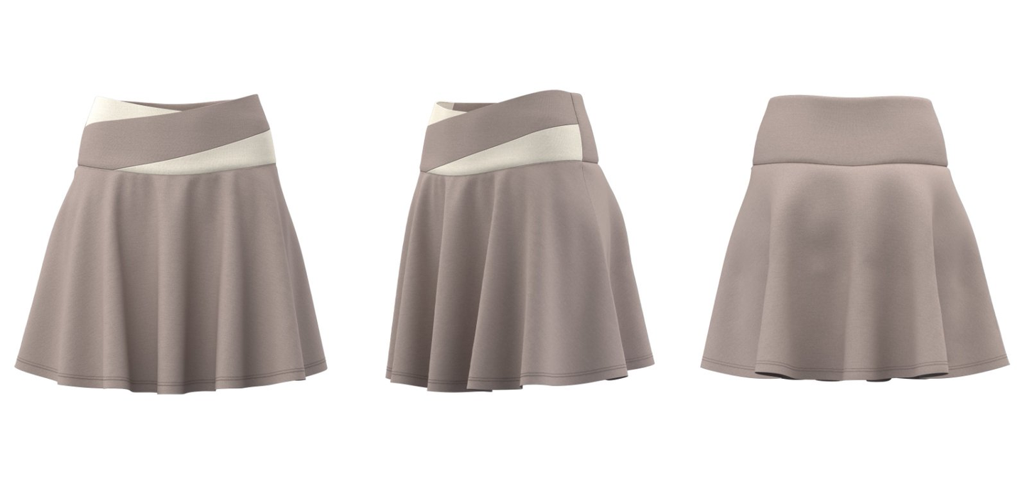 Khaki sports skort (front, side, back views)