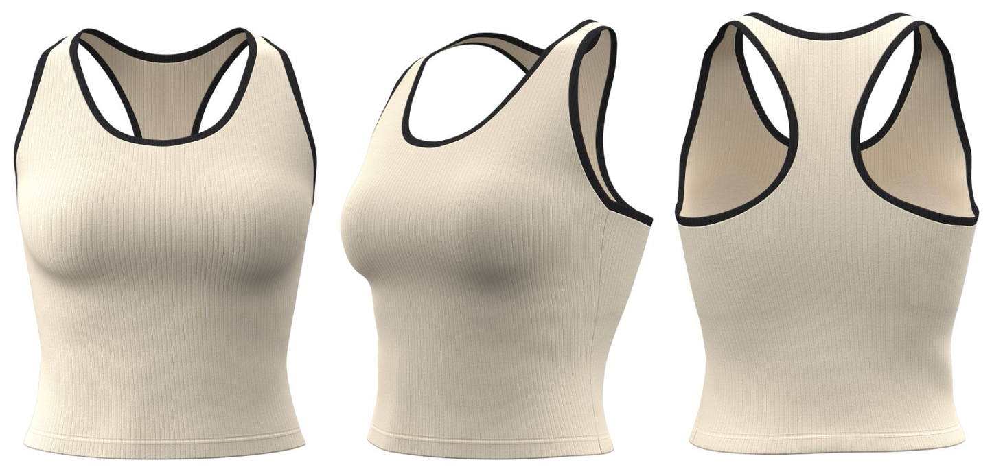 Beige ribbed sports tank top with black trim – front, side, back