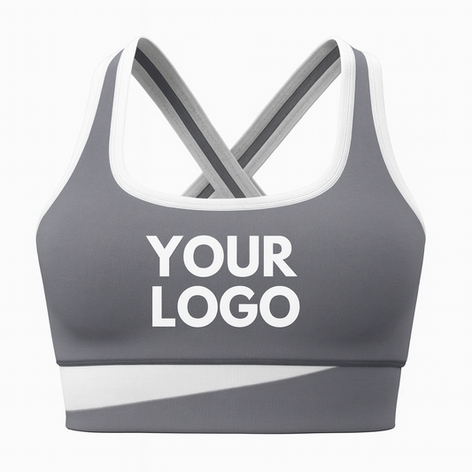 Gray women’s cross-back sports bra with white trim – custom logo printing for teams