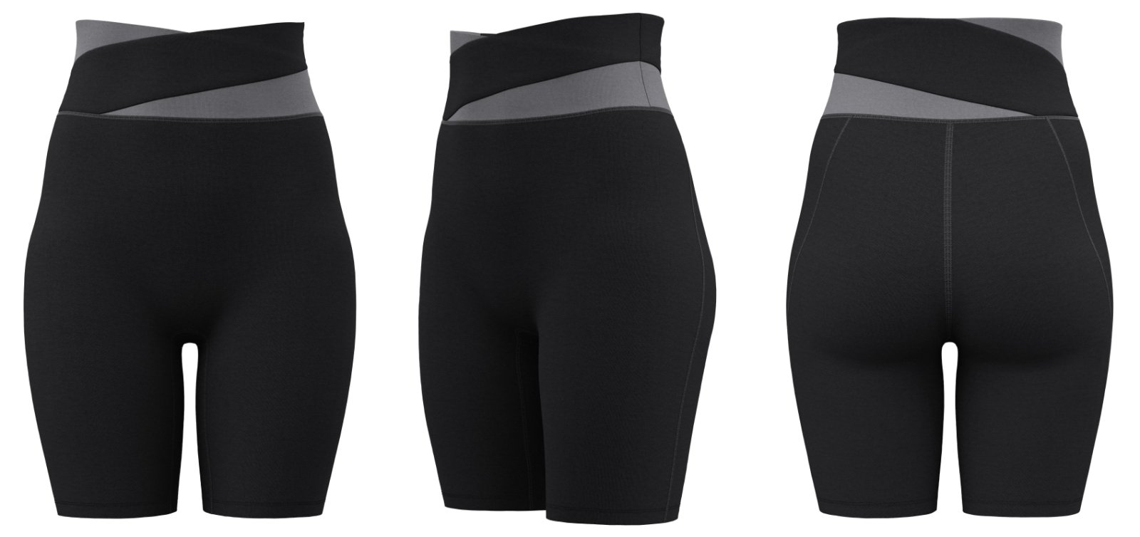 Black women’s sports shorts with crossover waistband, customizable with printed logo for fitness and teamwear