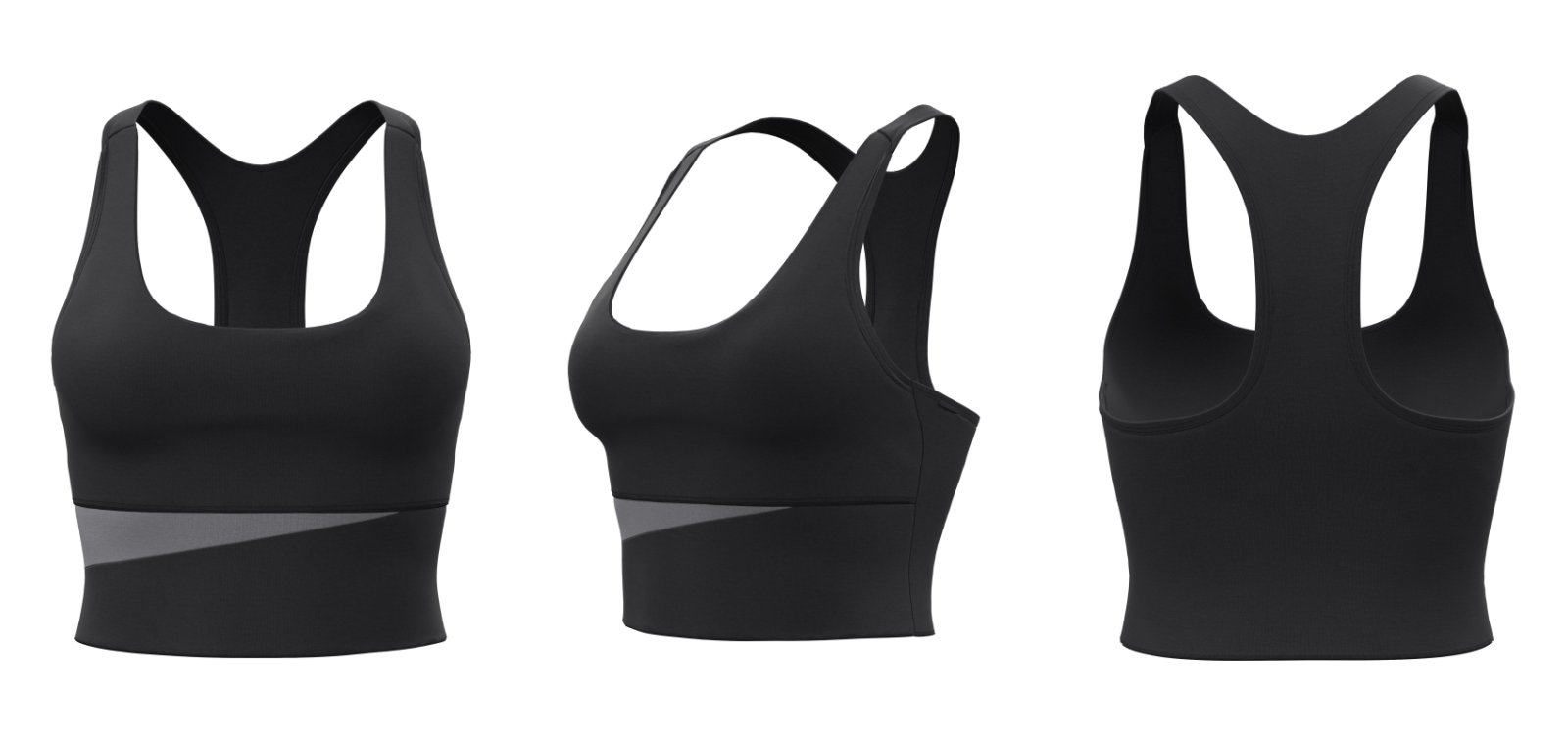 Black sports bra tank top with grey trim – front, side, back