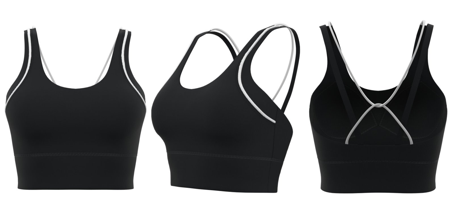 Black – Custom logo black sports bra with crisscross straps, wholesale gym and yoga activewear