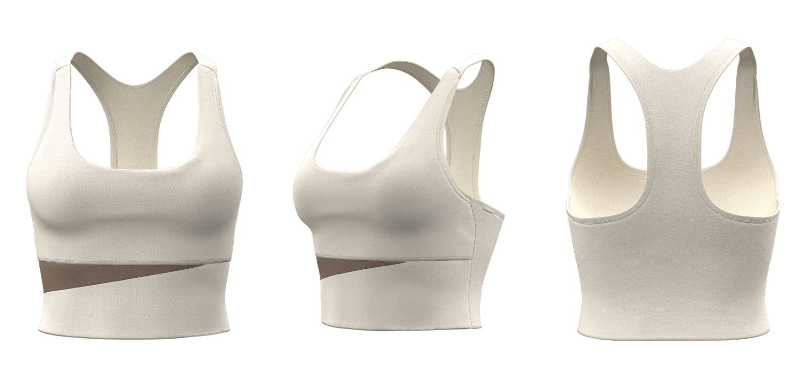 White sports bra tank top with beige trim – front, side, back