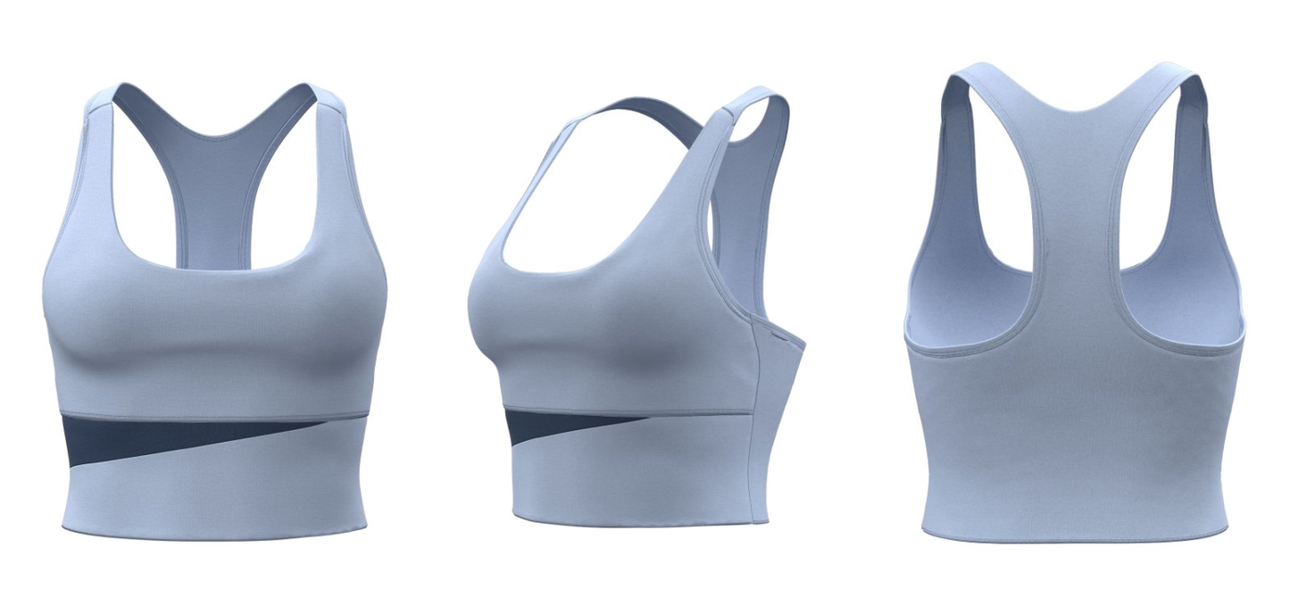Light blue sports bra tank top with navy trim – front, side, back