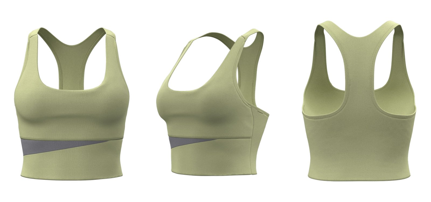 Olive green sports bra tank top with grey trim – front, side, back
