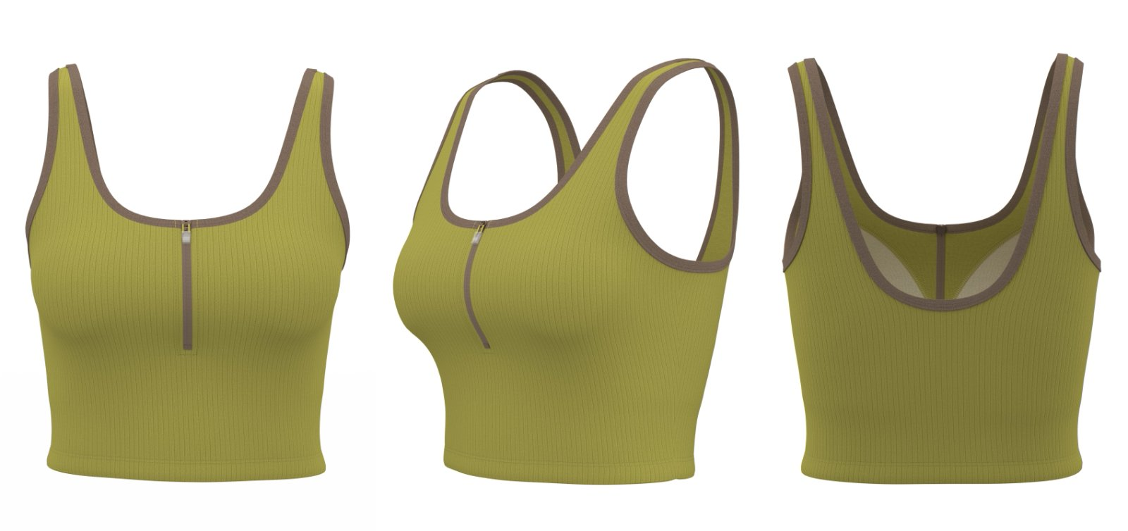 Mustard yellow ribbed athletic tank top with brown trim and zipper front, shown from various views