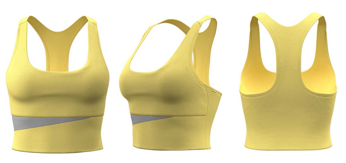 Yellow sports bra tank top with grey trim – front, side, back