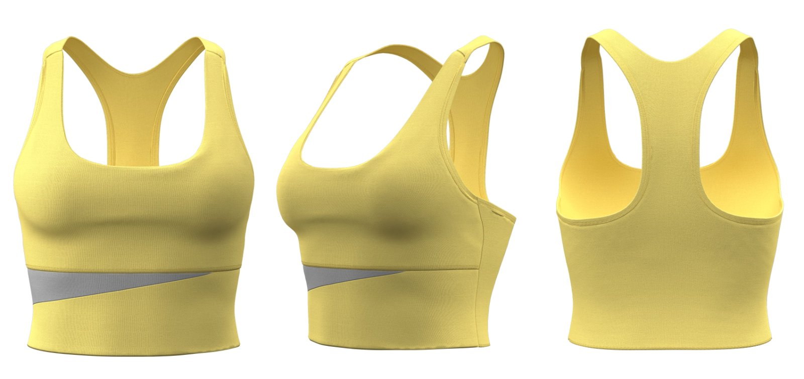 Yellow sports bra tank top with grey trim – front, side, back
