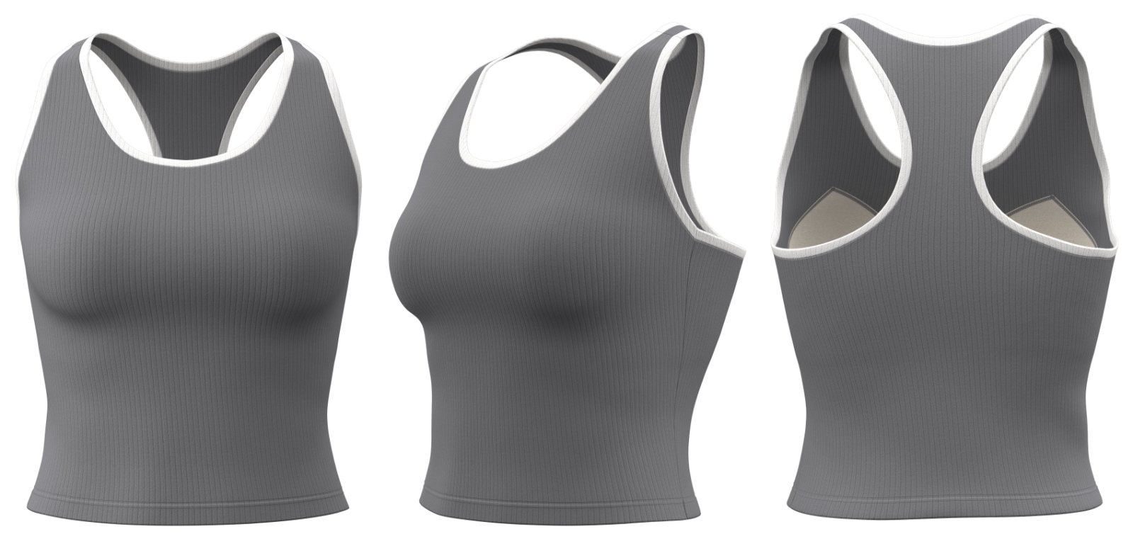 Gray ribbed sports tank top with white trim – side and back view