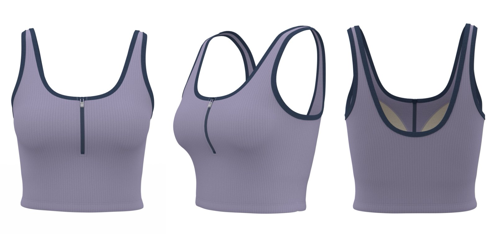 Purple ribbed athletic tank top with navy trim and front zipper, displayed from different angles