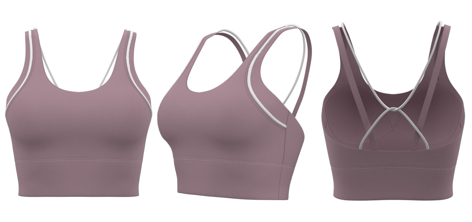 Lavender – Custom logo purple sports bra with strappy cross-back design, wholesale activewear top for yoga and gym