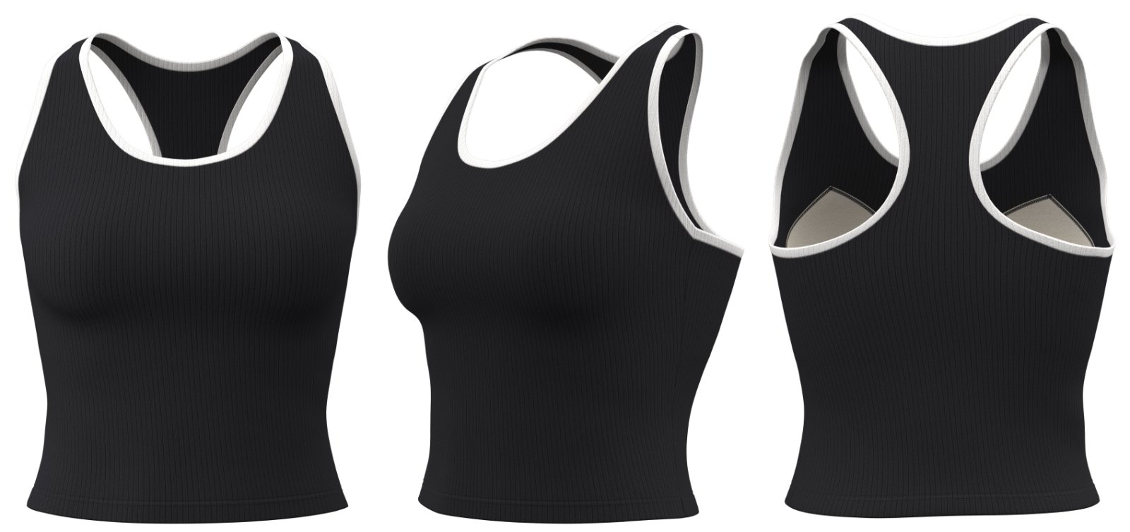 Black ribbed sports tank top with white trim – front, side, back
