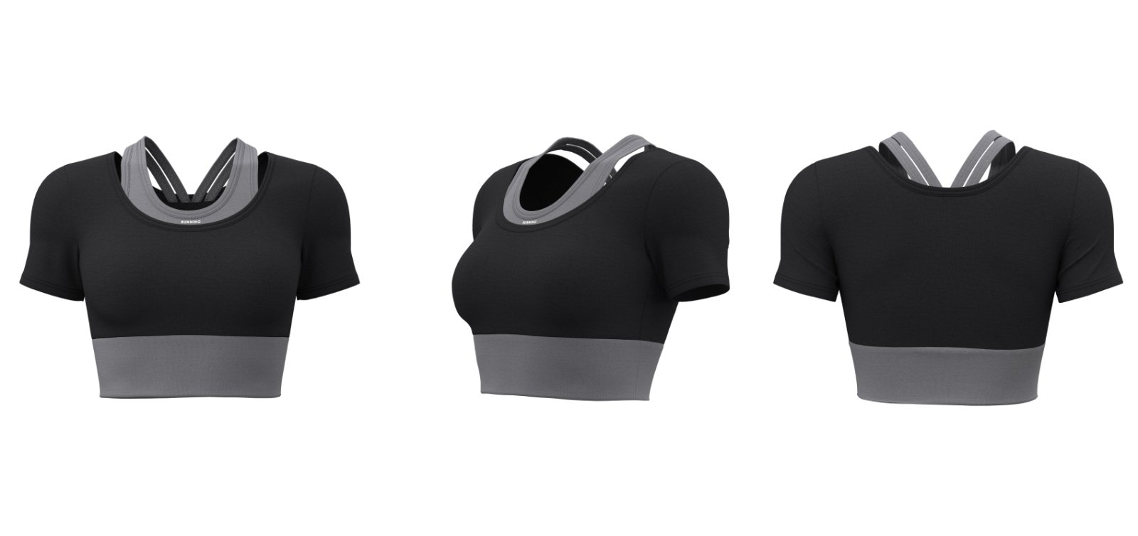 Black short-sleeve women’s sports crop top with built-in bra, custom logo option