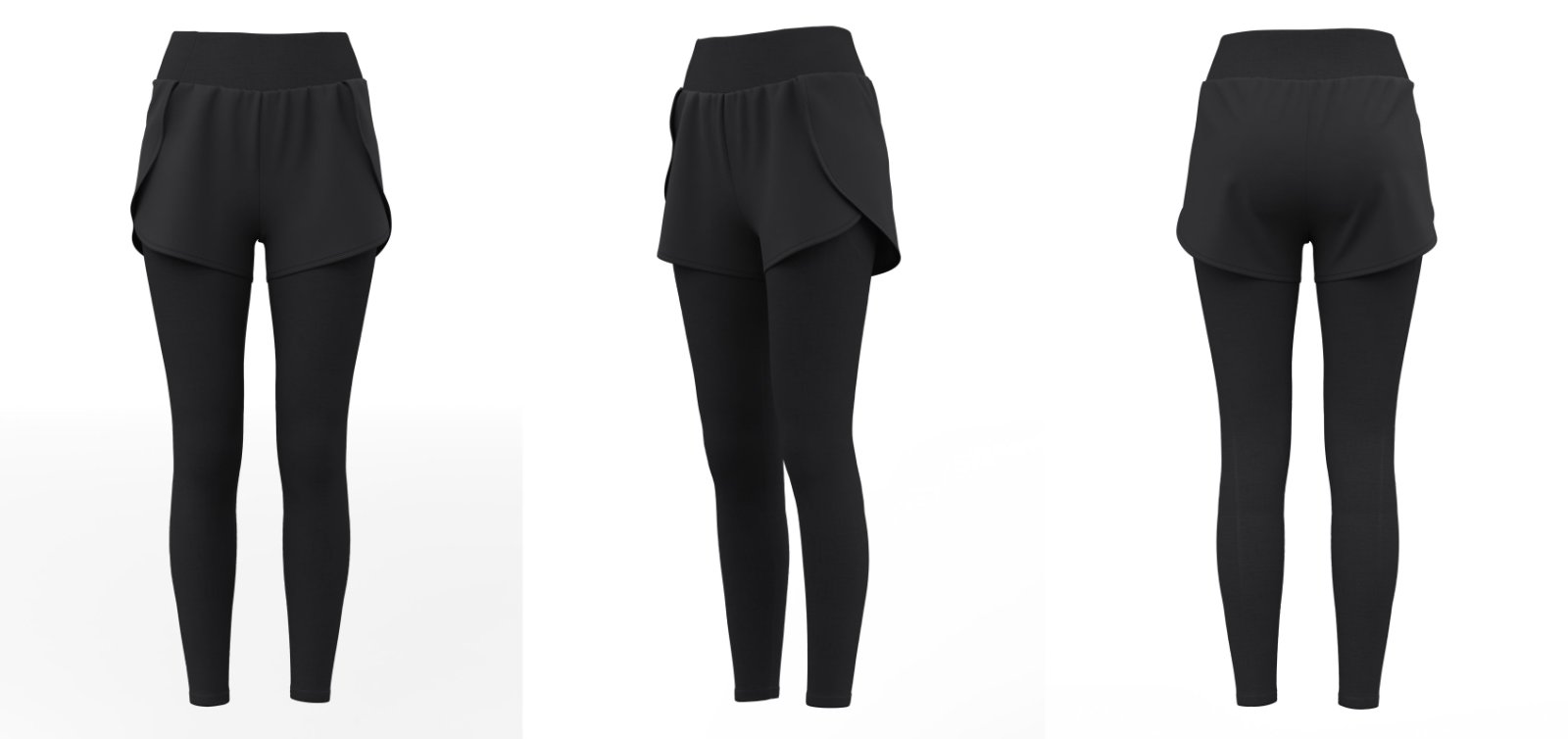 Black 2-in-1 activewear leggings with shorts, multiple angles front/side/back