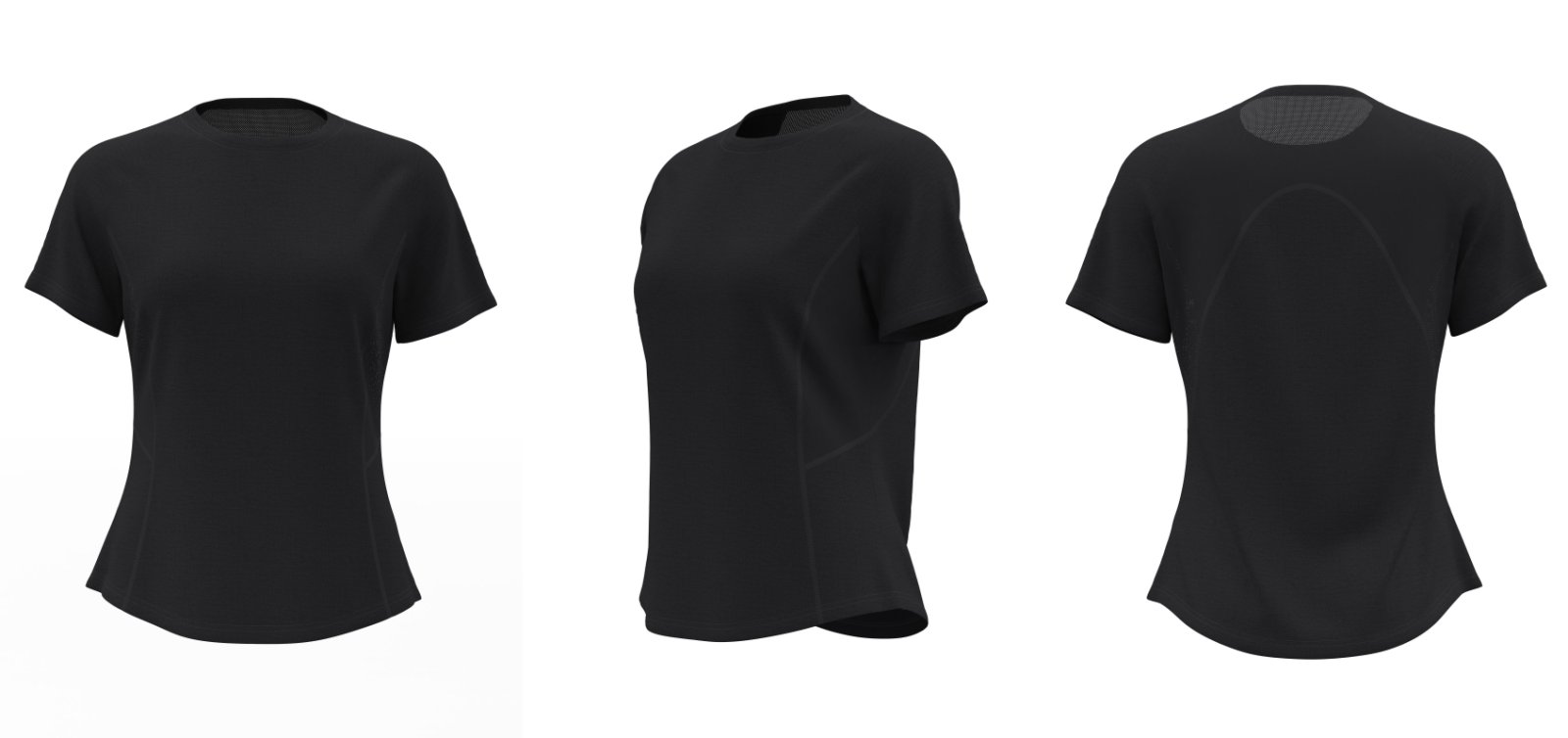 Black: Custom black short sleeve sports T-shirt with logo printing – front, side, back view