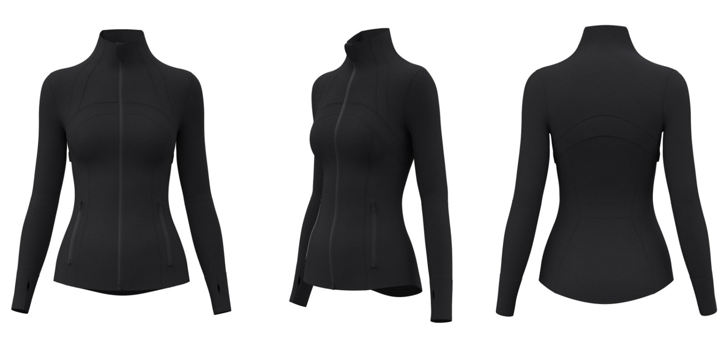 Front view black custom women’s full-zip active jacket with logo placement