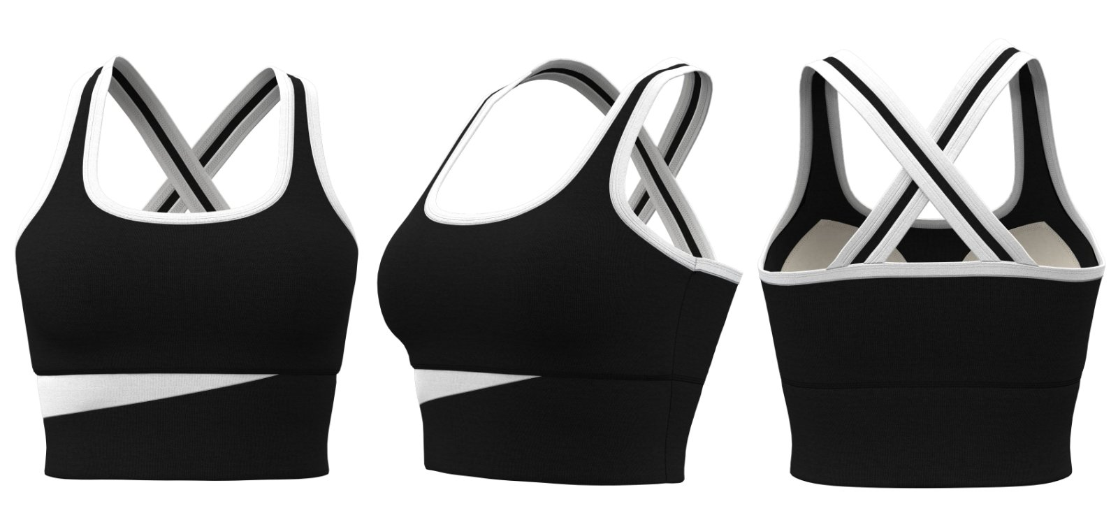 Black cross-back sports bra with white trim – bulk order activewear for clubs
