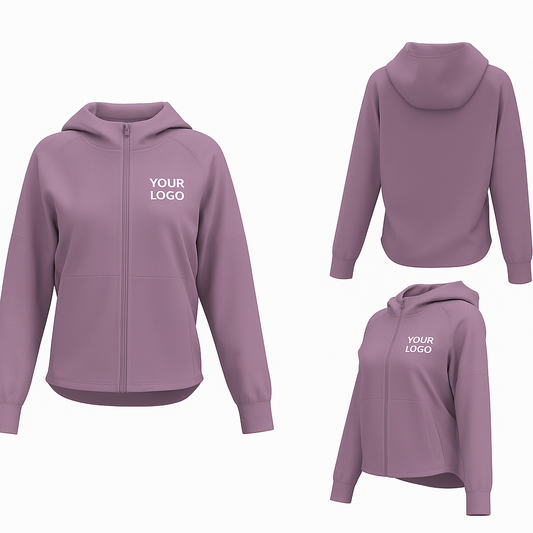 Front View: Custom women’s lightweight zip-up hoodie in Lavender, front view, long sleeve activewear jacket with hood, blank for logo printing