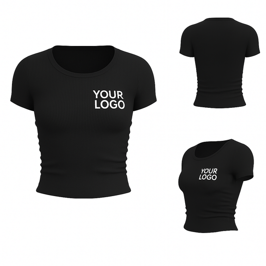Black: Custom Black Ribbed Sport T-Shirt – Women’s Short Sleeve Slim Fit with Logo Printing