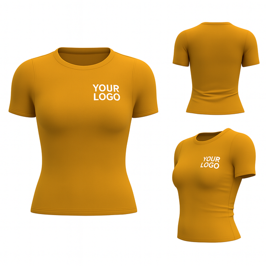 Custom Yoga Short Sleeve T-Shirt – Mustard Yellow – Women’s Fitted, Logo Printing
