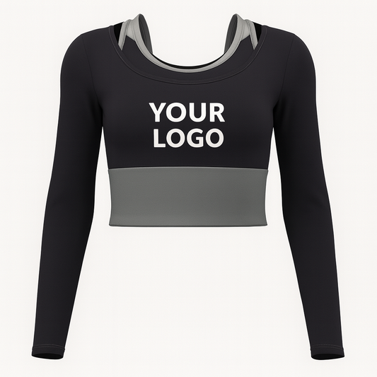 Women’s long sleeve yoga crop top in black with custom logo placeholder, perfect for fitness, yoga, and promotional teamwear.