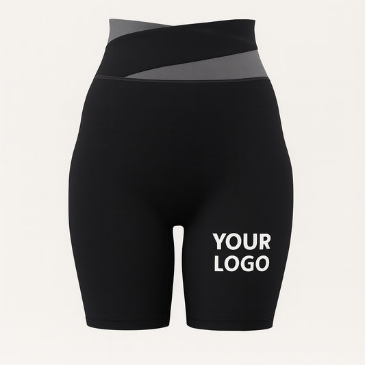 High-waist women’s sports shorts in mauve with custom logo placeholder, perfect for yoga, gym, and fitness teamwear