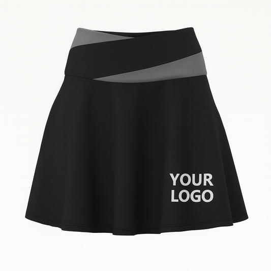 Black crossover high-waist skort with YOUR LOGO placeholder