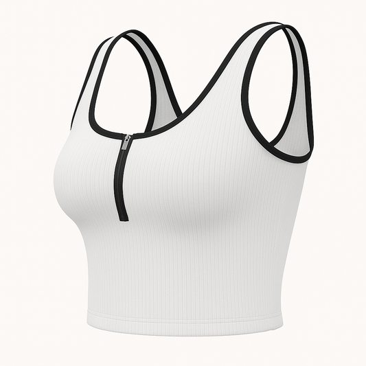 Side view of white ribbed athletic tank top with black trim and front zipper.