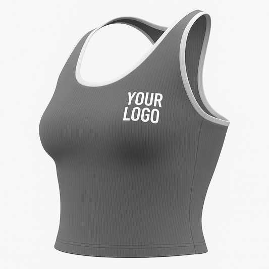 Gray ribbed tank top with right chest “Your Logo” placeholder