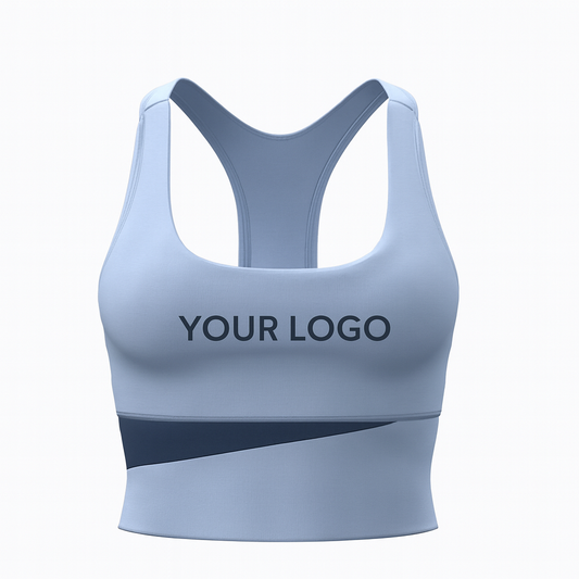 Light blue women’s sports bra tank top with navy diagonal trim and “Your Logo” placeholder on the chest – front view.