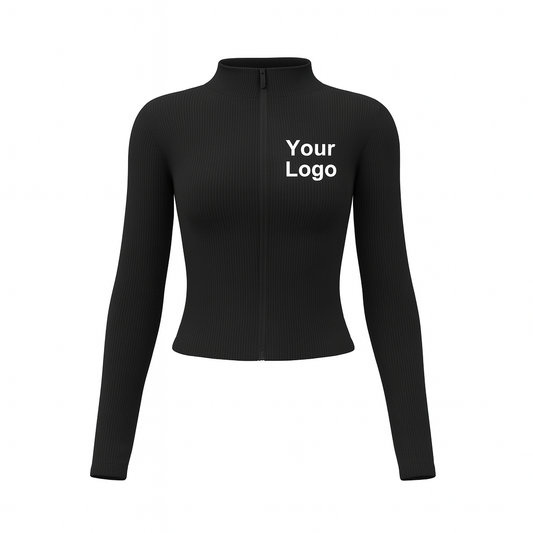 Women’s Black Yoga Zip-Up Jacket – Long Sleeve Cropped Top – Custom Logo Printing