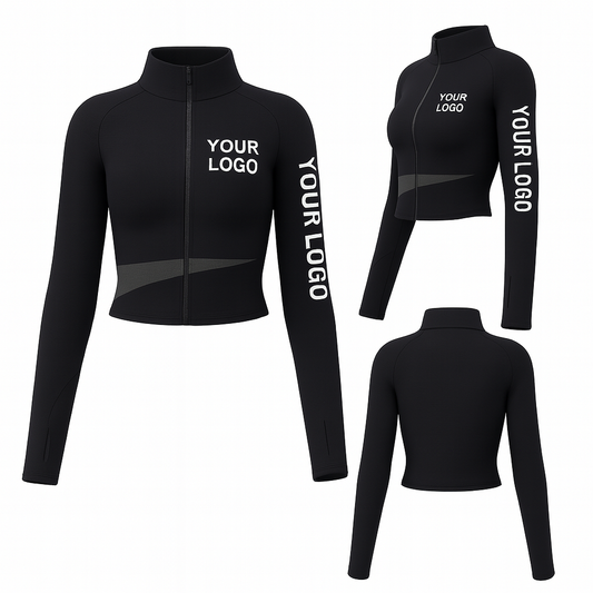 Women’s Black Cropped Training Jacket – Long Sleeve Zip-Up – Custom Logo