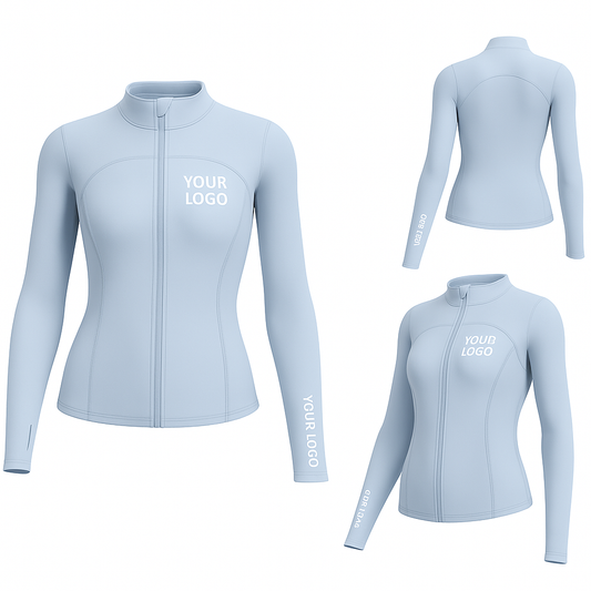 Custom women’s fitted sky blue zip-up jacket with logo placeholder on chest – yoga and training jacket