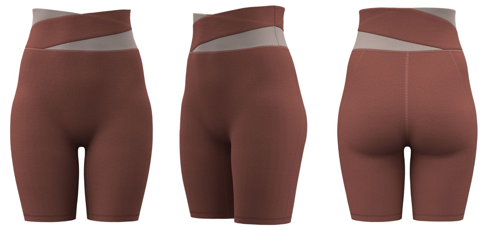 Clay-colored women’s yoga shorts, moisture-wicking, high-waist style, ideal for fitness apparel customization