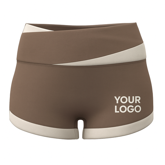 women’s brown cross-waist sports shorts with white trim, customizable with logo printing