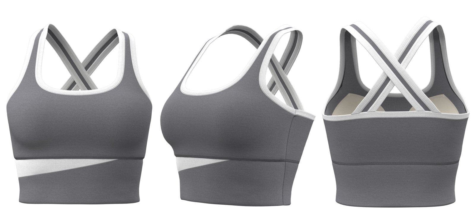 Gray women’s cross-back sports bra with white trim – custom logo printing for teams