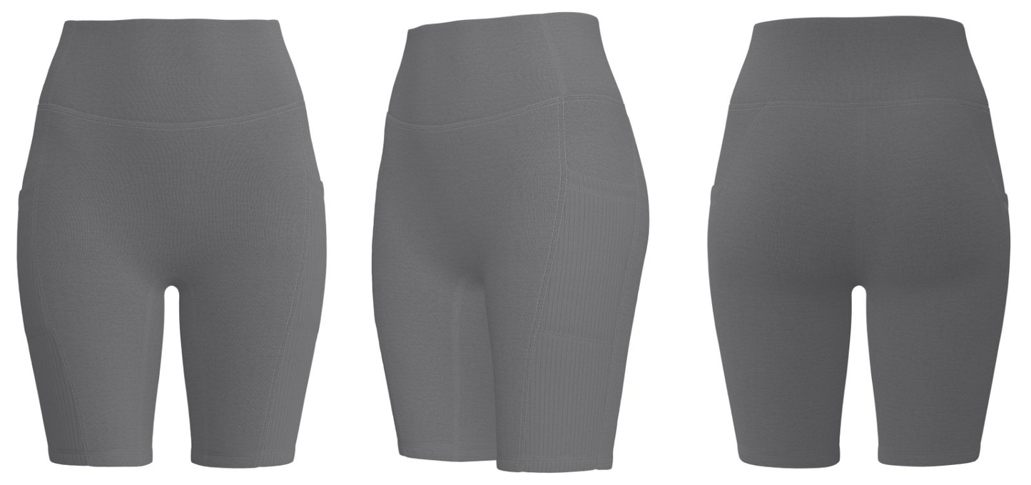 Grey high-waist biker shorts with pockets and custom logo
