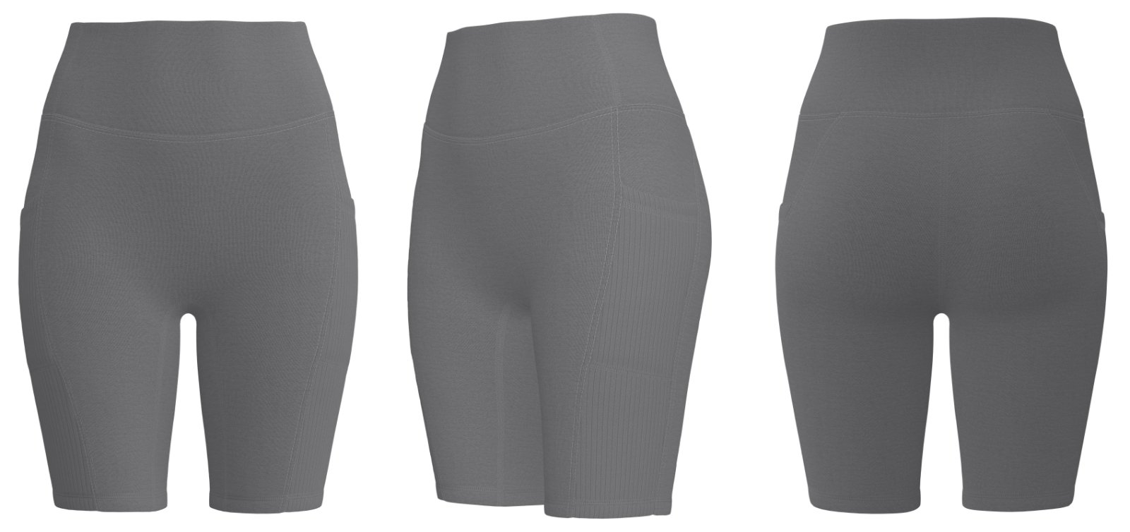 Grey high-waist biker shorts with pockets and custom logo