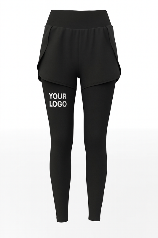 Black 2-in-1 women’s sports leggings with shorts and custom logo placeholder, front view