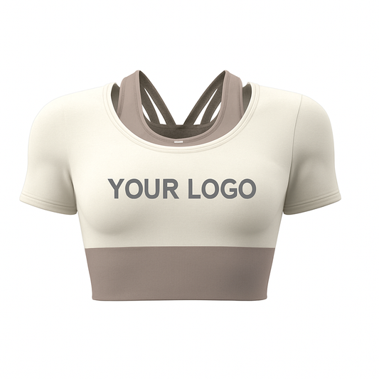White/Taupe women’s workout top with integrated bra, customizable logo option