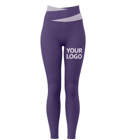 Women’s custom logo high-waist crossover leggings in purple with light gray waistband – personalized athletic teamwear