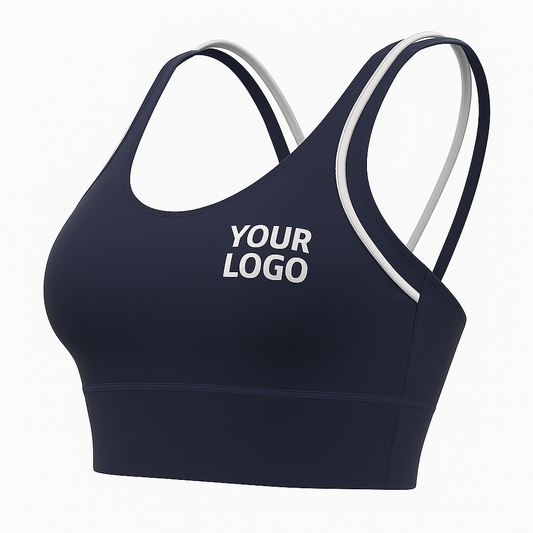 Custom sports bra with double shoulder straps, white trim, and front logo placeholder for team or brand printing