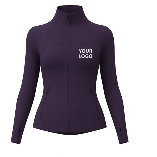 Front view custom women’s full-zip active jacket with logo placement