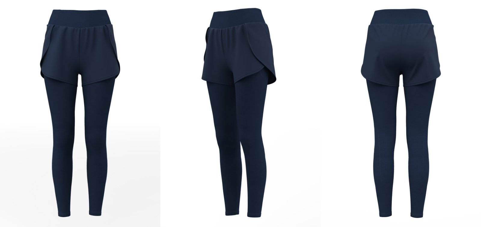 Navy blue 2-in-1 sports leggings with shorts, front side and back view