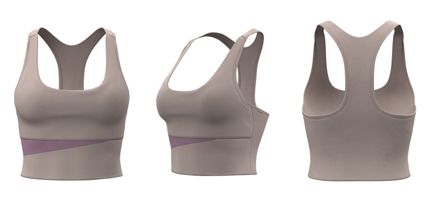 Taupe sports bra tank top with purple trim – front, side, back